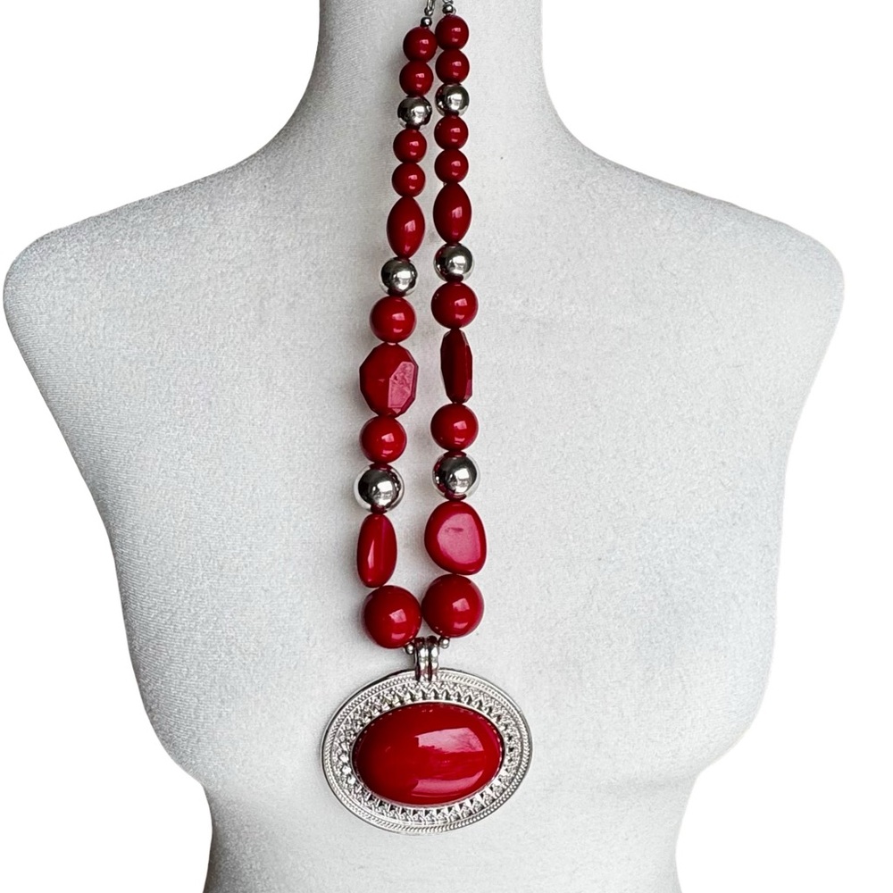 Statement Red Beaded Silver Tone Oval Pendant Chunky Bold Collar Necklace - Picture 5 of 7
